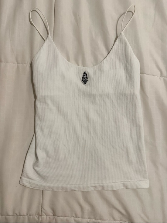 Free People Tops - Free People White Ribbed Spaghetti Cami with Black Embroidered Motif